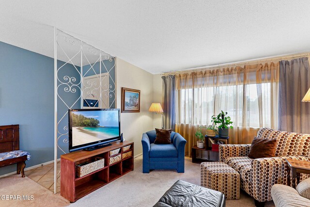 carpeted living room featuring a textured ceiling and vaulted ceiling