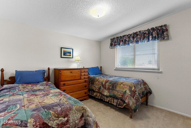 carpeted bedroom with a textured ceiling