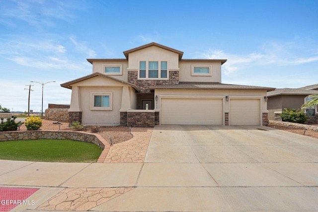 3000 Lookout Point Dr, El Paso, TX 79938 - view of front of house with stucco siding, an attached garage, stone siding, and concrete driveway