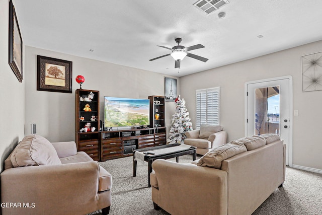 3000 Lookout Point Dr, El Paso, TX 79938 - living area featuring a ceiling fan, carpet floors, baseboards, and visible vents