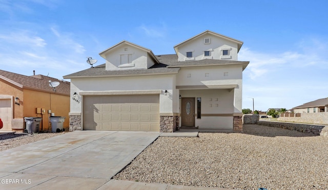 view of front of property with stone siding, driveway, and stucco siding