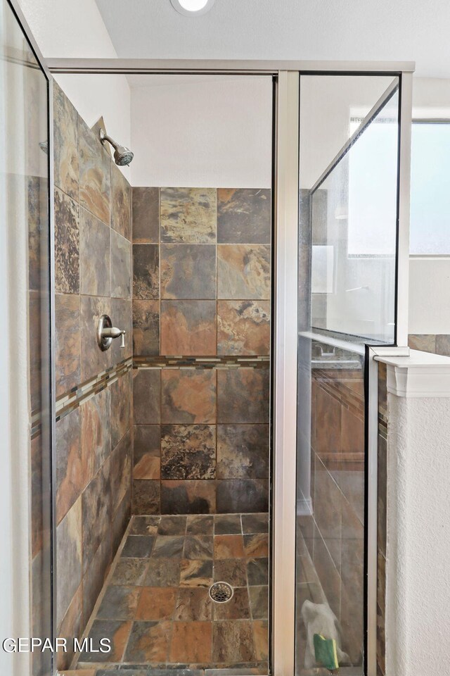 bathroom featuring a shower with door