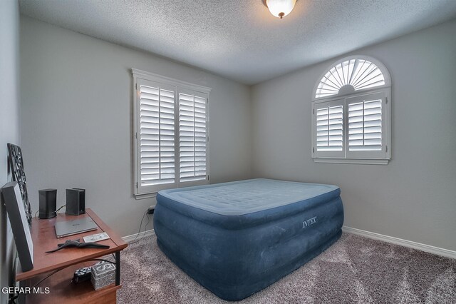 bedroom featuring a textured ceiling and carpet flooring