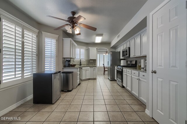 kitchen with a healthy amount of sunlight, stainless steel appliances, ceiling fan, and white cabinets