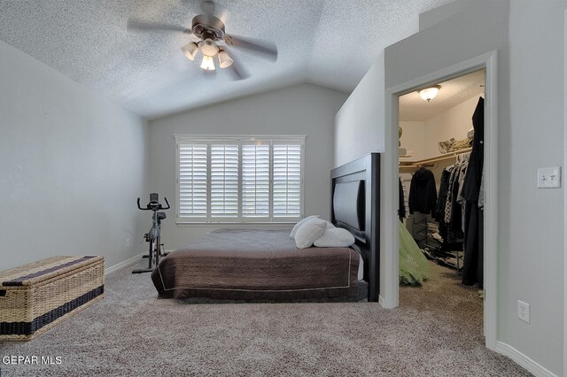 bedroom with lofted ceiling, a closet, carpet, a spacious closet, and ceiling fan