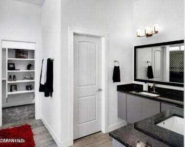 bathroom with vanity and wood-type flooring