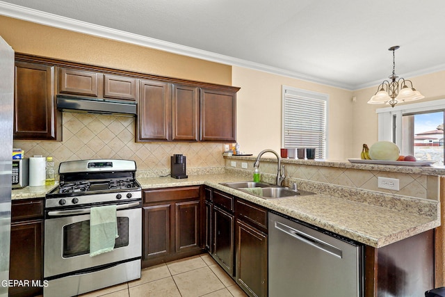 kitchen with a peninsula, a sink, ornamental molding, stainless steel appliances, and under cabinet range hood