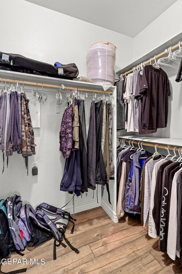 walk in closet with wood finished floors