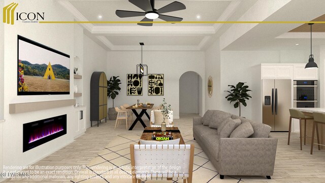 2354 Enchanted Knoll Ln, El Paso, TX 79911 - living room featuring ornamental molding, arched walkways, light wood finished floors, a ceiling fan, and a glass covered fireplace