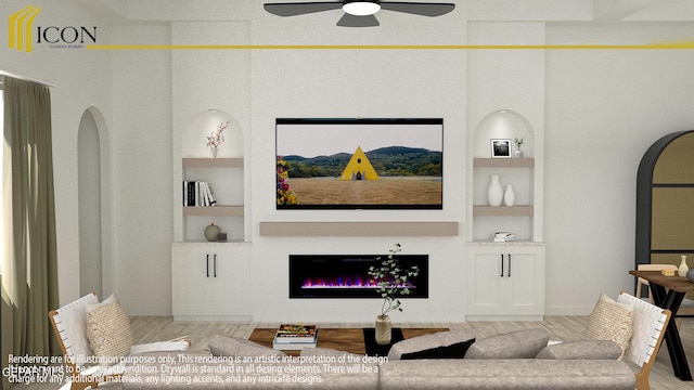 2354 Enchanted Knoll Ln, El Paso, TX 79911 - living area featuring ceiling fan, wood finished floors, arched walkways, built in features, and a glass covered fireplace