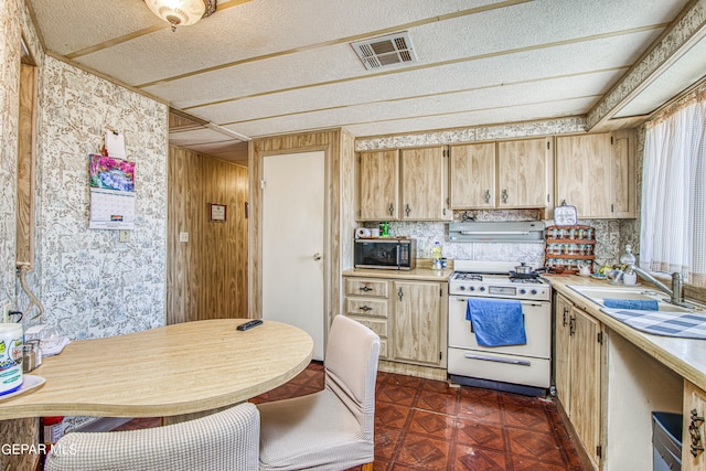 kitchen with dark parquet flooring, exhaust hood, sink, and white range with gas cooktop