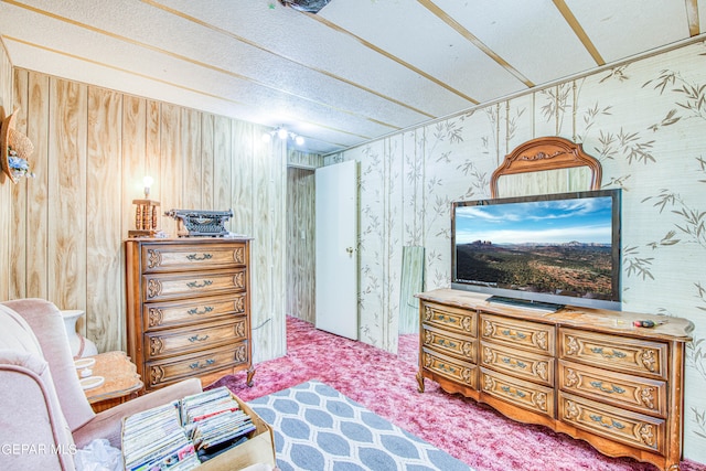 sitting room with wood walls, carpet, and a textured ceiling