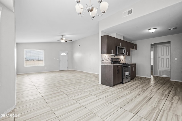 kitchen with visible vents, stainless steel appliances, decorative backsplash, dark brown cabinetry, and vaulted ceiling