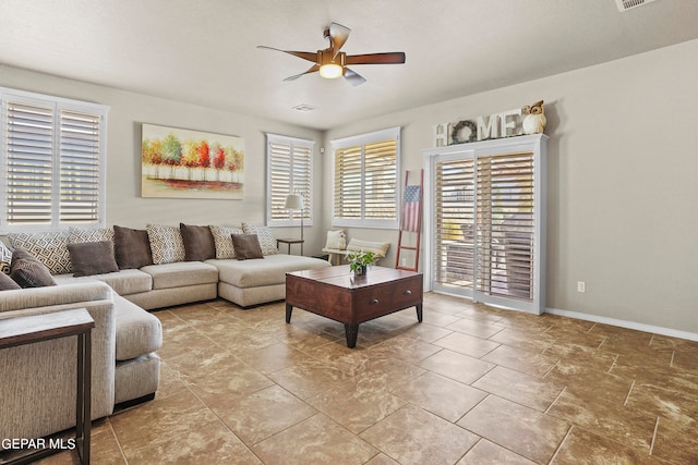 living room with ceiling fan