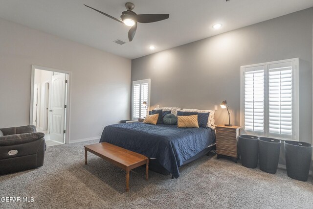 carpeted bedroom with ceiling fan