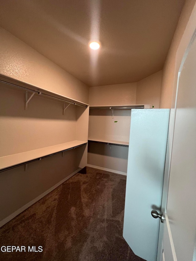 walk in closet featuring dark colored carpet