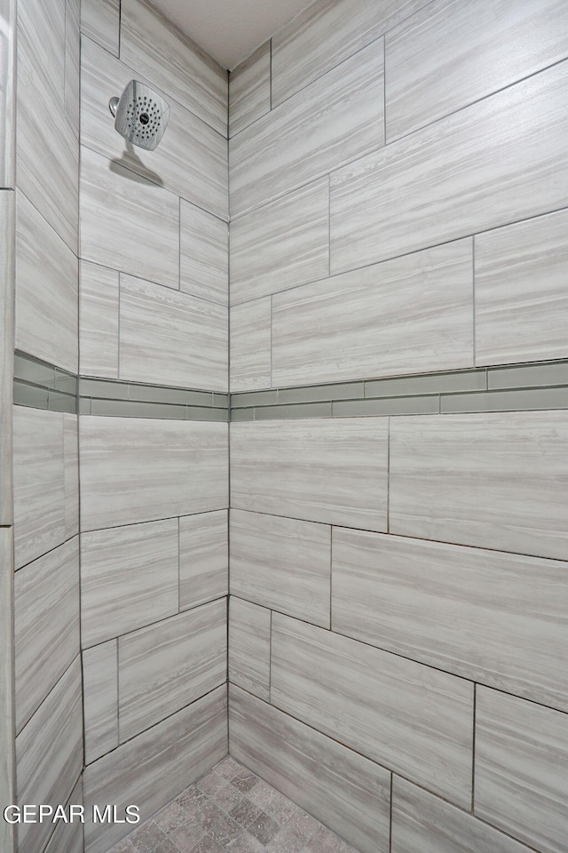 interior details featuring a tile shower