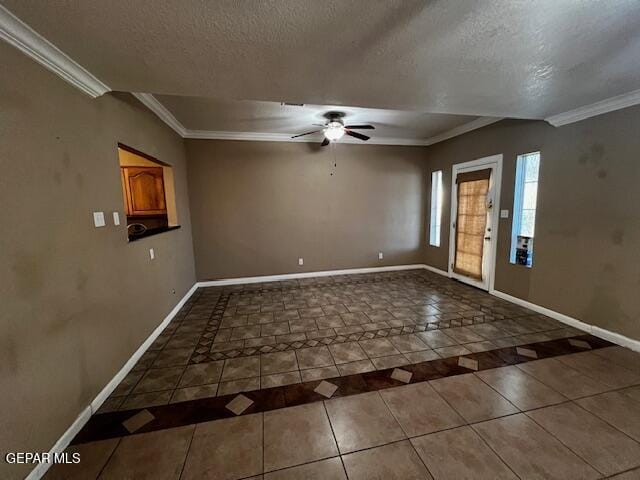 interior space with tile patterned flooring, crown molding, ceiling fan, and a textured ceiling