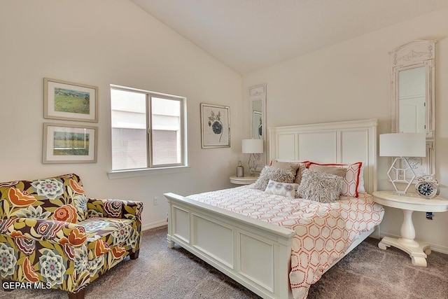 carpeted bedroom featuring vaulted ceiling