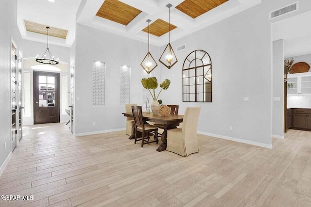 dining room with light wood-type flooring, beam ceiling, a high ceiling, and coffered ceiling