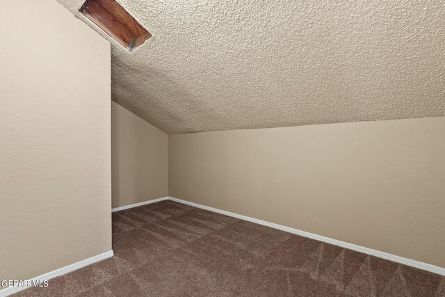 additional living space with dark carpet, a textured ceiling, and vaulted ceiling