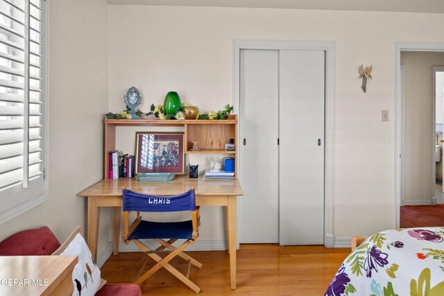 bedroom with light wood-type flooring and a closet