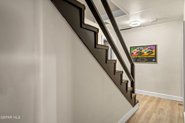 stairway with hardwood / wood-style floors