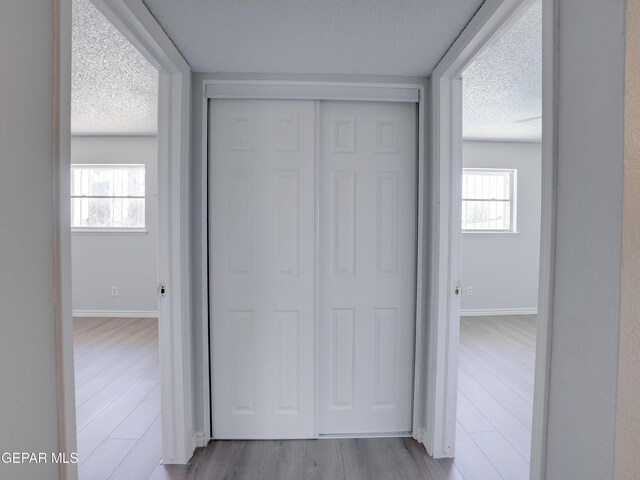 hallway featuring a textured ceiling and light hardwood / wood-style flooring