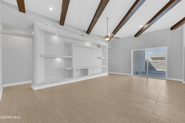 unfurnished living room featuring light wood-type flooring, beam ceiling, and ceiling fan