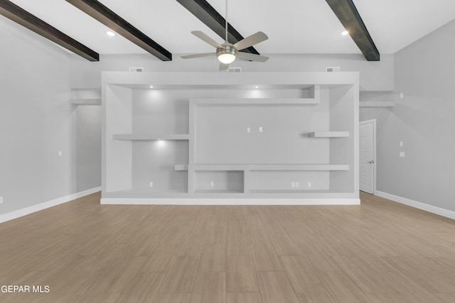 unfurnished living room featuring beam ceiling, light hardwood / wood-style floors, and ceiling fan