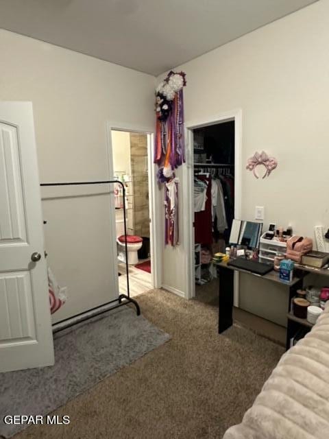 interior space with carpet floors, connected bathroom, and a closet