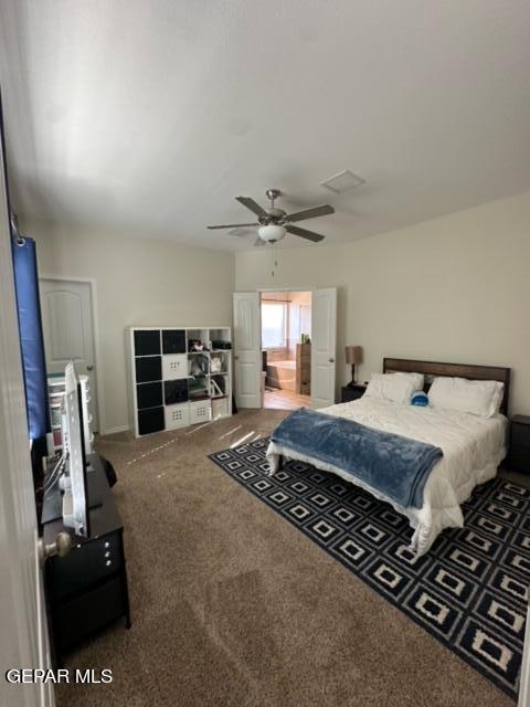 bedroom featuring carpet and ceiling fan