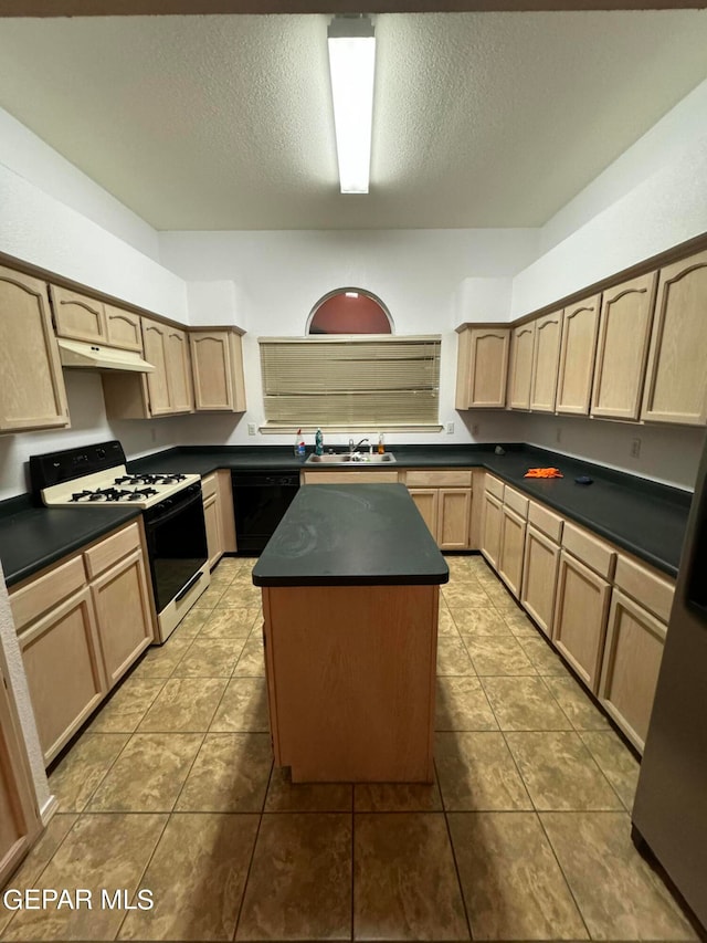 kitchen featuring light brown cabinets, a center island, white range oven, and tile patterned floors