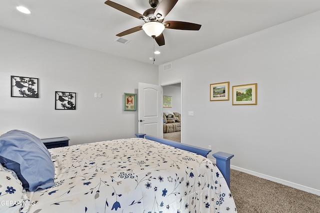 carpeted bedroom featuring ceiling fan