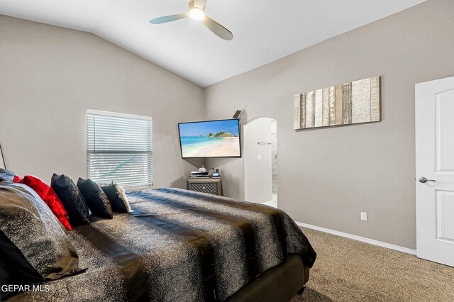 carpeted bedroom featuring lofted ceiling and ceiling fan