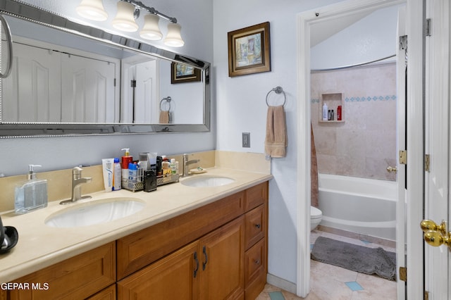 full bathroom featuring shower / bathtub combination with curtain, tile patterned flooring, vanity, and toilet