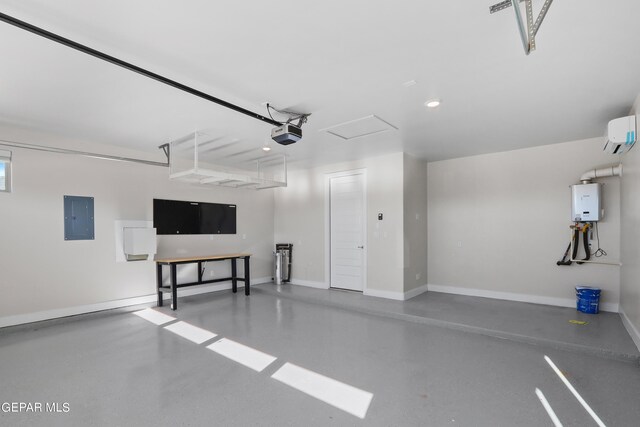 garage featuring an AC wall unit, a garage door opener, water heater, and electric panel