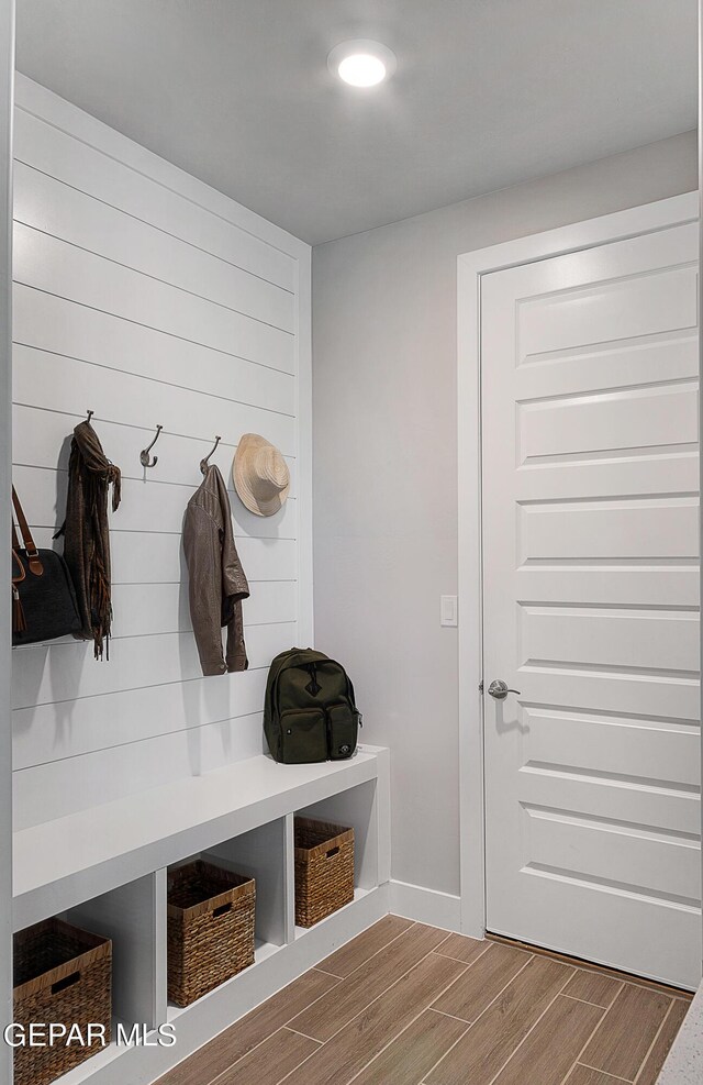 mudroom featuring wood-type flooring