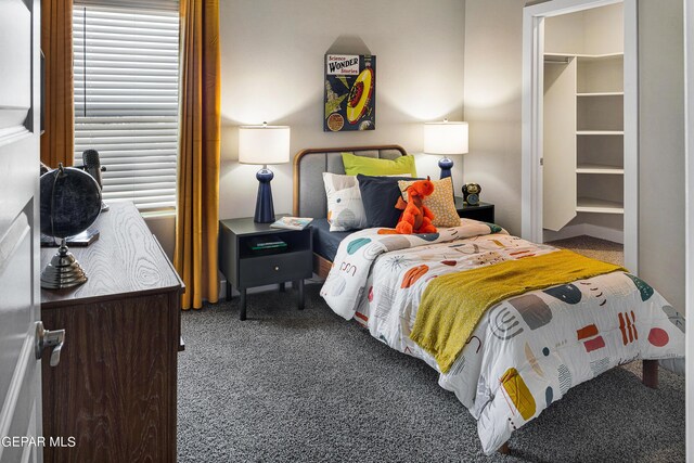 carpeted bedroom featuring a closet and a walk in closet