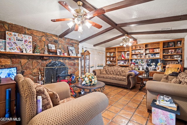 tiled living room featuring ceiling fan, built in shelves, a textured ceiling, lofted ceiling with beams, and a fireplace