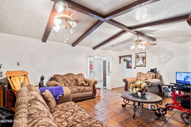 living room featuring lofted ceiling with beams, ceiling fan, tile patterned floors, and a textured ceiling