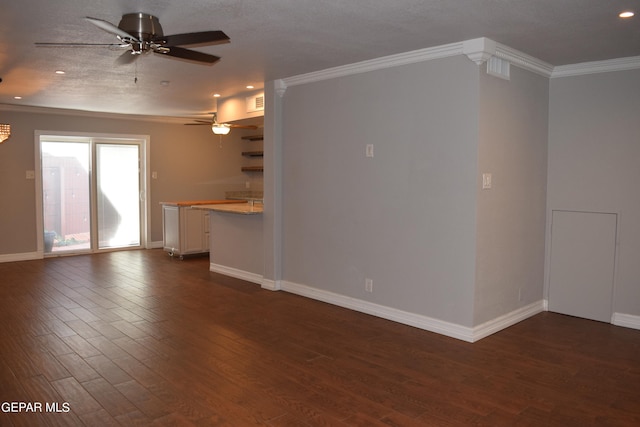 unfurnished living room featuring a textured ceiling, ornamental molding, dark hardwood / wood-style flooring, and ceiling fan