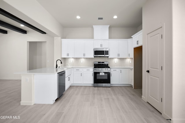 kitchen with light hardwood / wood-style floors, white cabinets, kitchen peninsula, backsplash, and appliances with stainless steel finishes