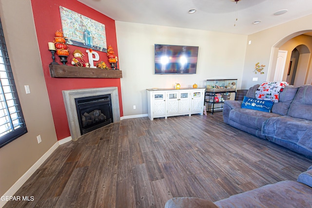 living room with dark wood-type flooring