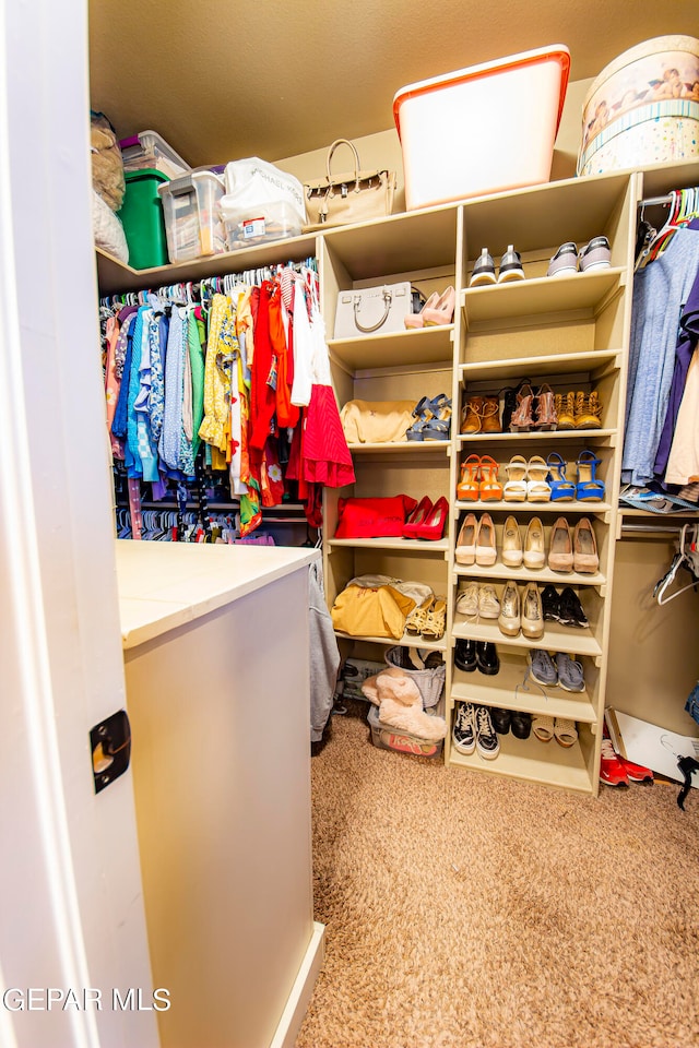 walk in closet with carpet