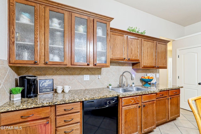 kitchen with dishwasher, sink, decorative backsplash, and stone countertops