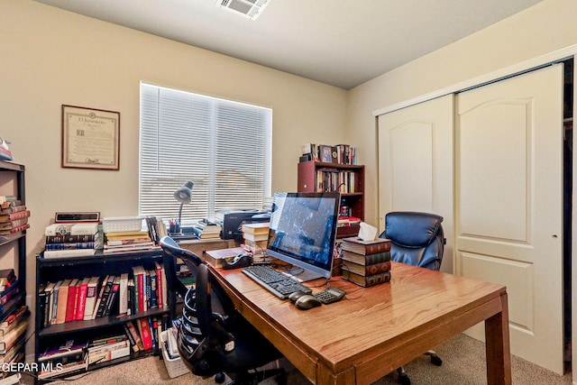 view of carpeted home office