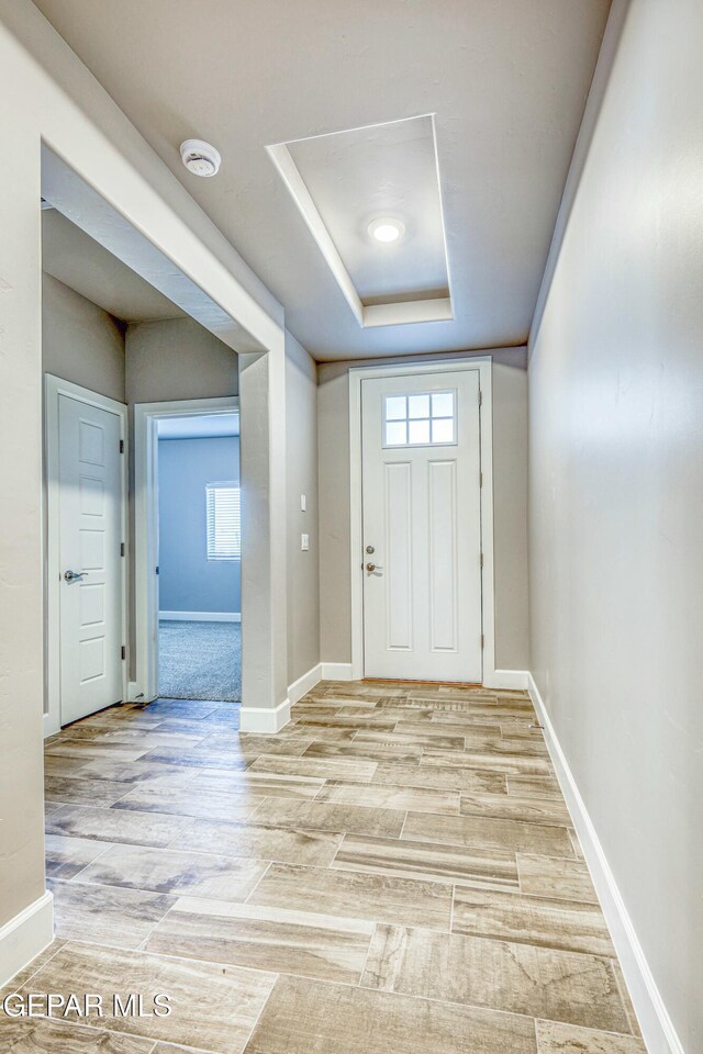 entrance foyer with hardwood / wood-style flooring and a raised ceiling