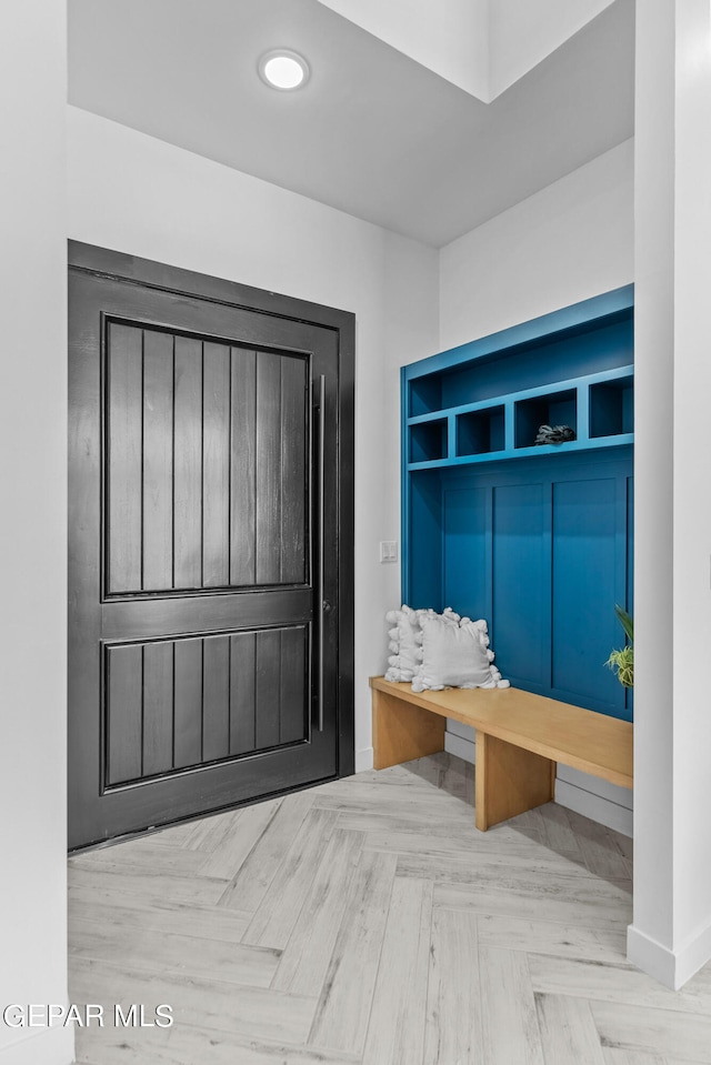 mudroom featuring light parquet floors