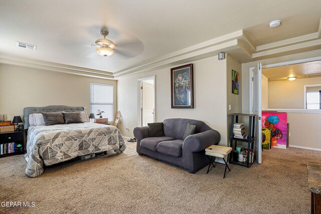 bedroom featuring carpet and ceiling fan